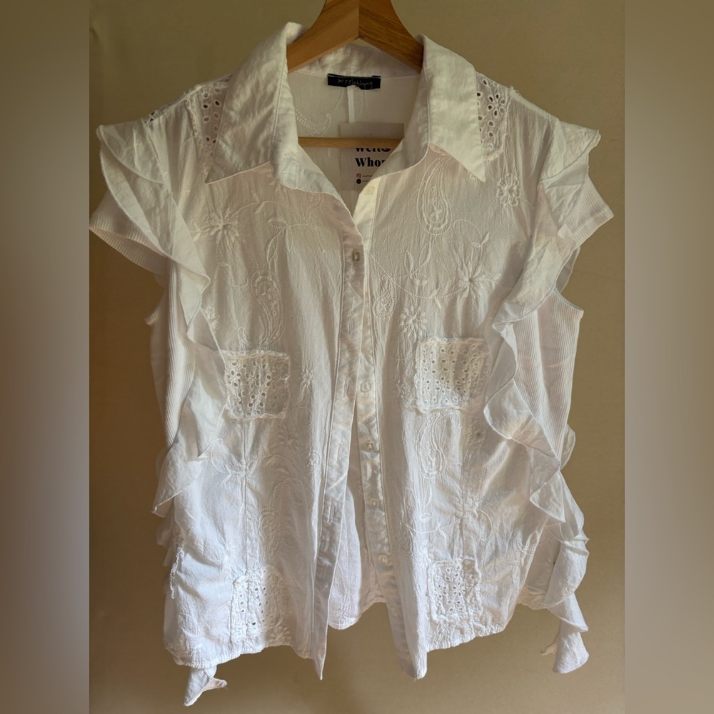 White Ruffle Eyelet Button-Front Women's Top